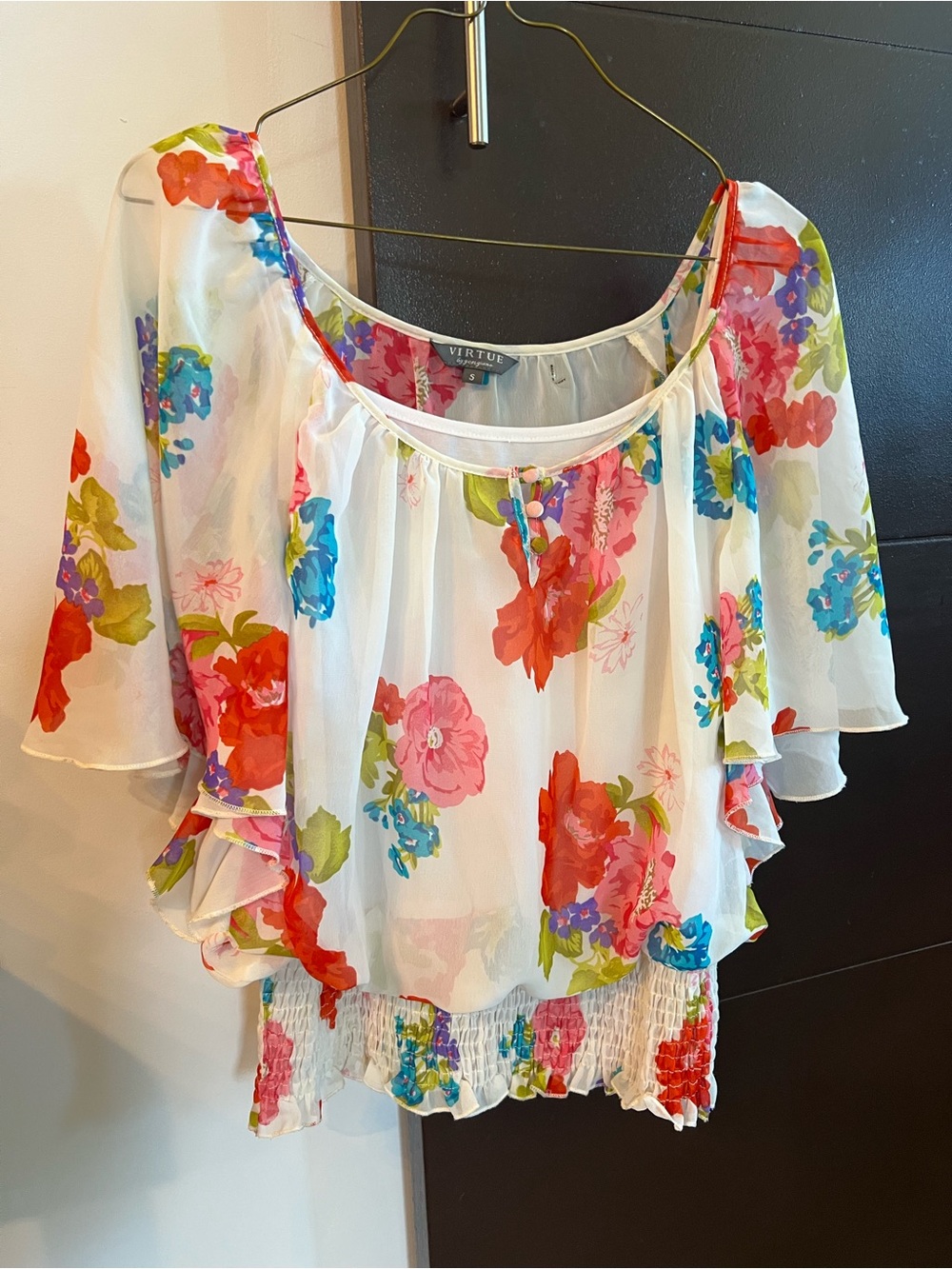 Virtue White Floral Off-Shoulder Blouse with Smocked Hem